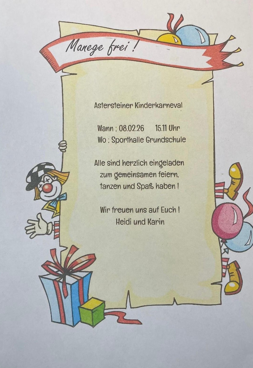 Kinderkarneval in der Turnhalle der Grundschule. Ab 15:11 Uhr am 08.02.2026